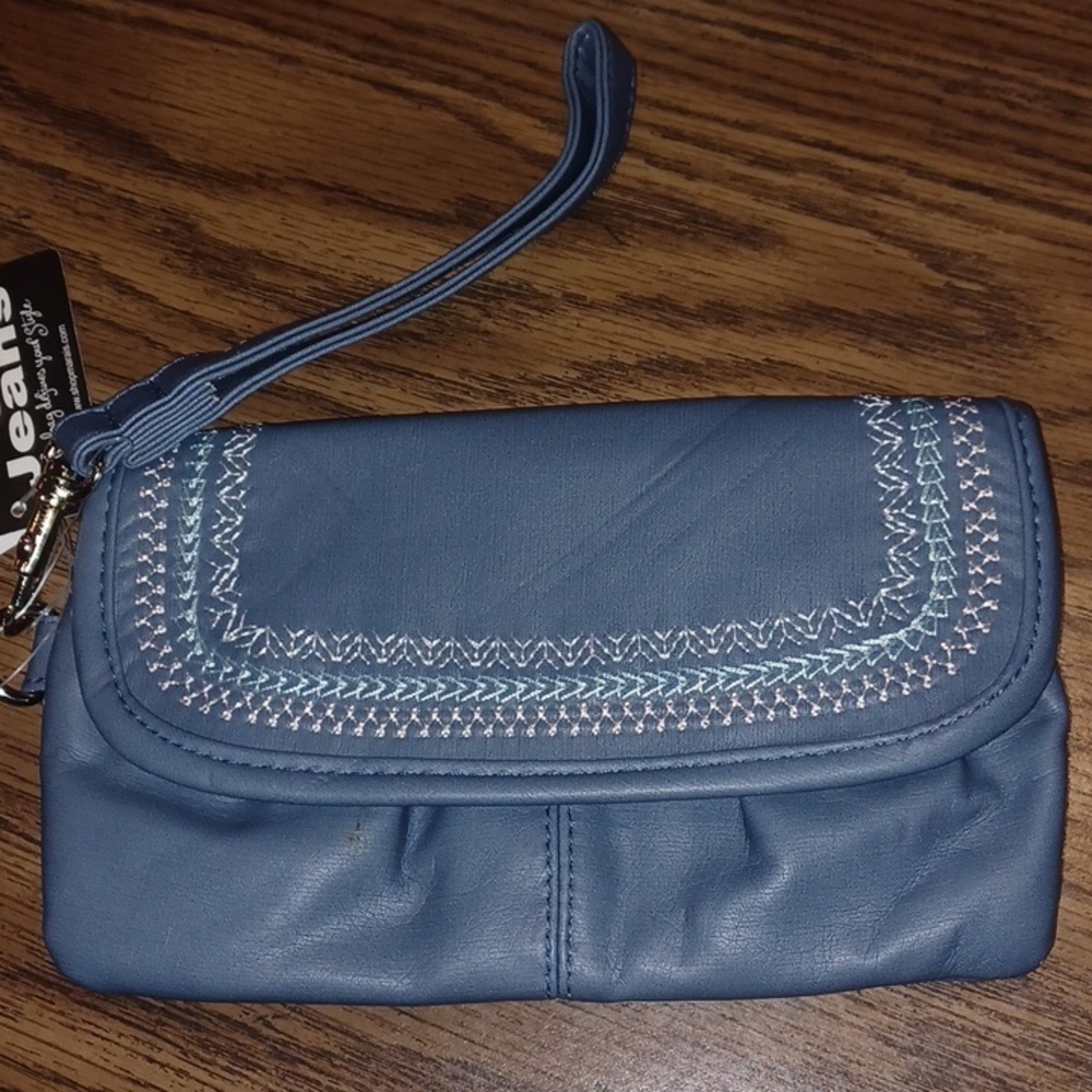 T-shirt & Jeans Wristlet/wallet, Vintage, Denim blue, embroidered, 7.5"x5"